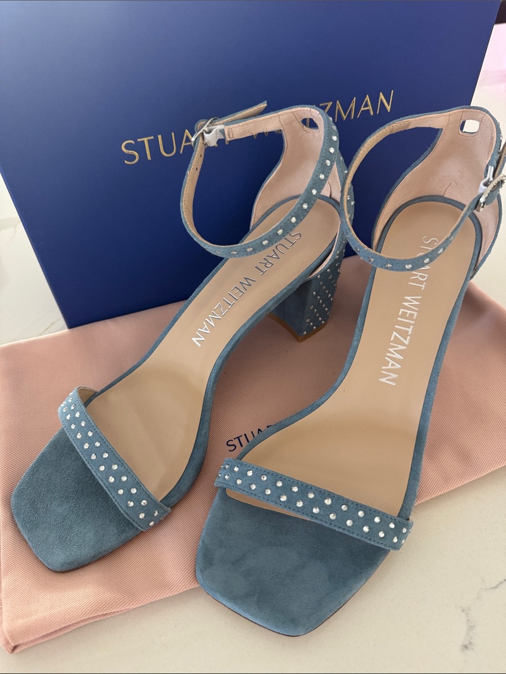 Stuart Weitzman Teal Suede Block Heel Sandals with Crystal Buckle 10.5